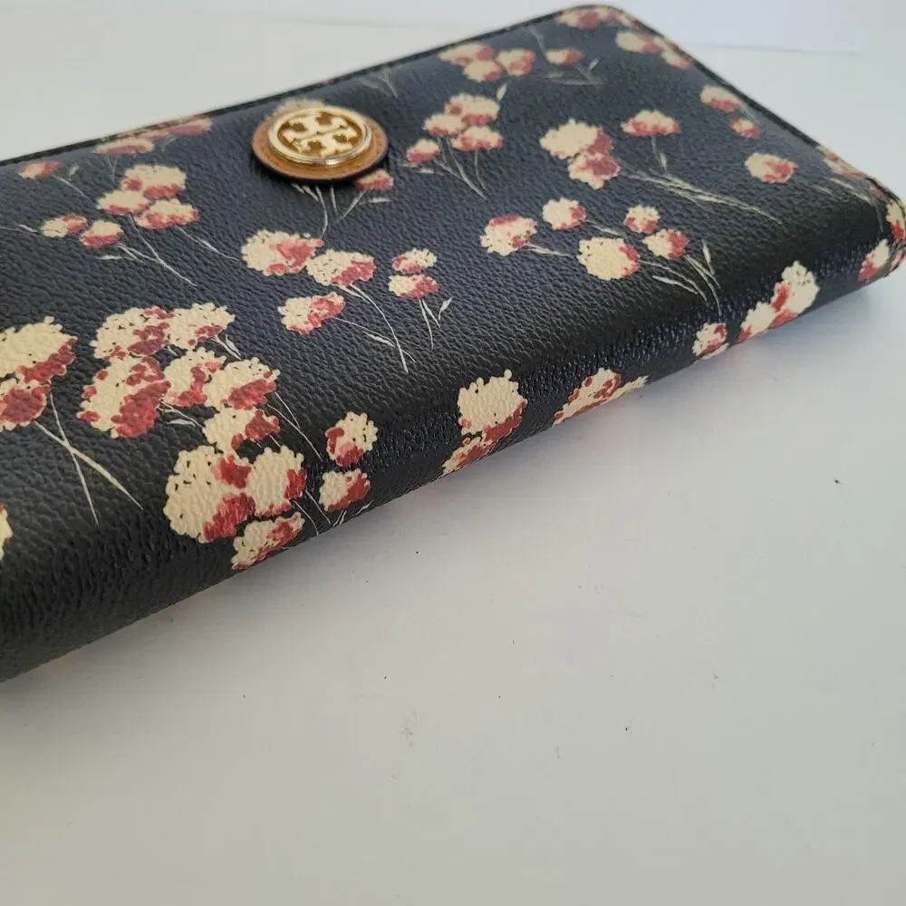 Tory Burch Kerrington Zip Around Continental Wallet Floral Black Large Leather